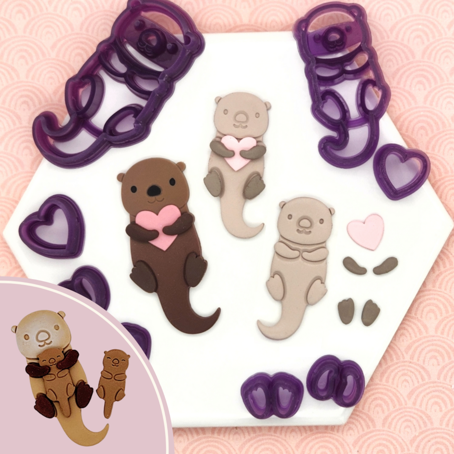 Otter Love Valentine's Day heart clay cutter. Otter Love clay cutter set includes Otter, heart, a double-paws cutter, and a double-flipper cutter. In photo, sample finish product in polymer clay and Otter Love clay cutter set