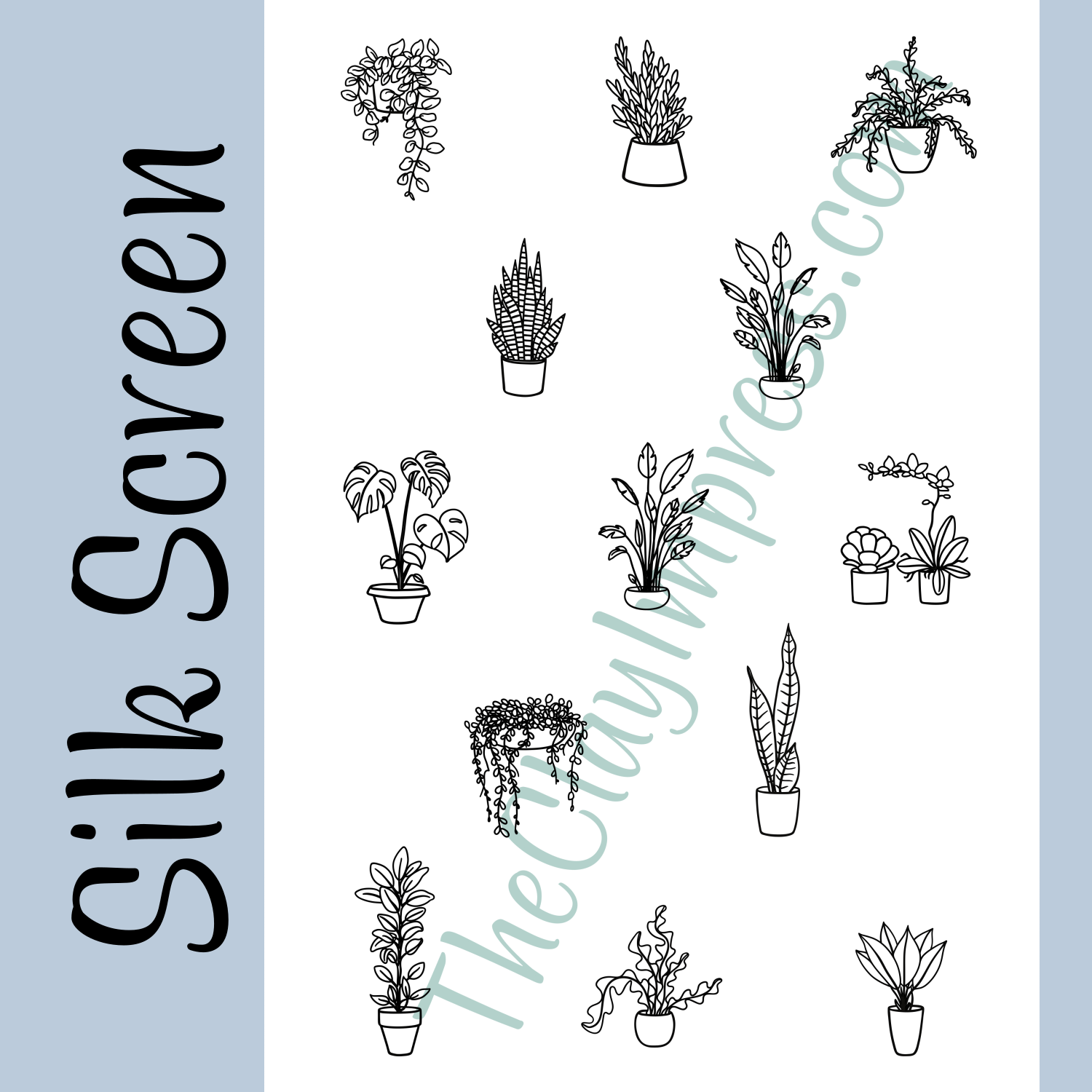 Thirteen potted plants lineart design for polymer clay silk screen stencil