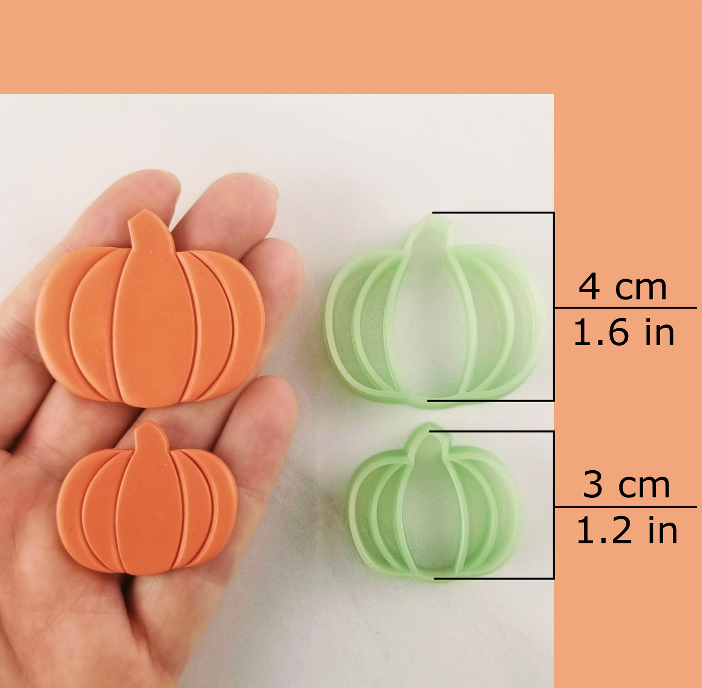 Pumpkin polymer clay cutter available in sizes 4 centimeters / 1.6 inches, and 3 centimeters / 1.2 inches