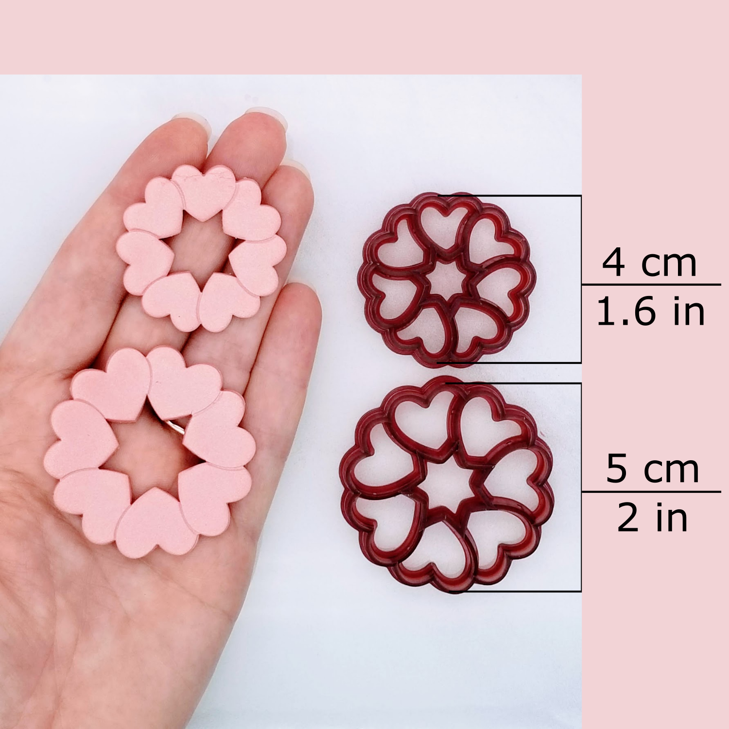 Ring of hearts clay cutter available sizes, 4 centimeters / 1.6 inches, and 5 centimeters / 2 inches