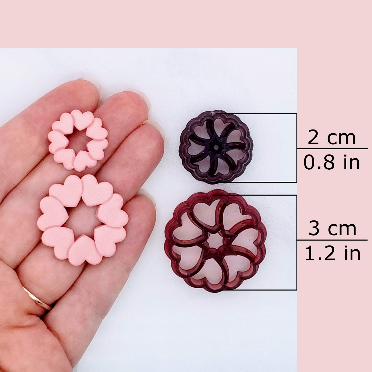 Ring of hearts clay cutter available sizes, 2 centimeters / 0.8 inches, and 3 centimeters / 1.2 inches