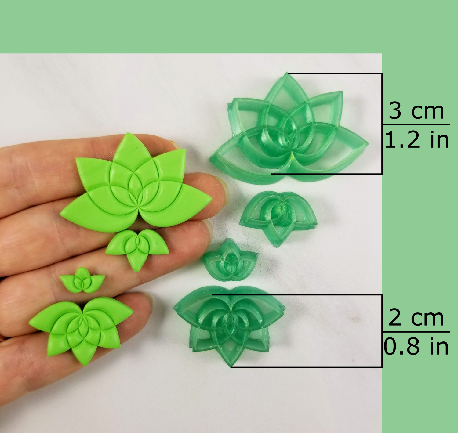 lotus shape polymer clay cutter available sizes, 3 centimeters / 1.2 inches, and 2 centimeters / 0.8 inches