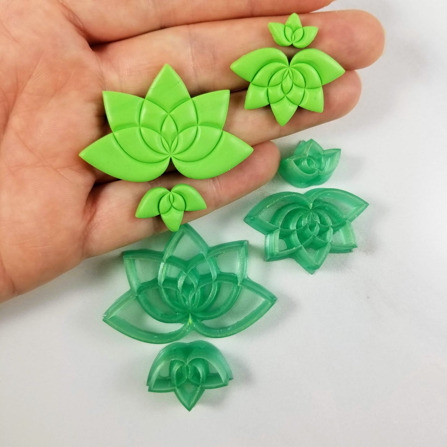 lotus polymer clay cutter for sizes 3 and 2 centimeters with finish product polymer clay sample for reference