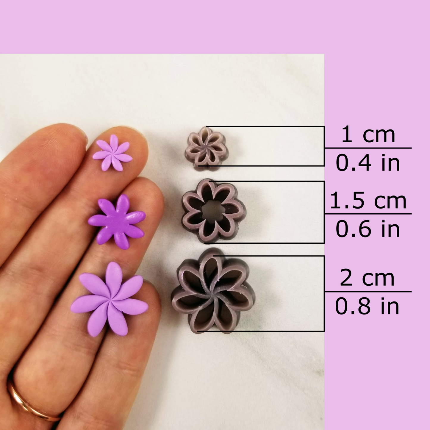 Tiare flower polymer clay cutter available sizes, 1 centimeter / 0.2 inches, 1.5 centimeters / 0.4 inches, 2 centimeters / 0.6 inches