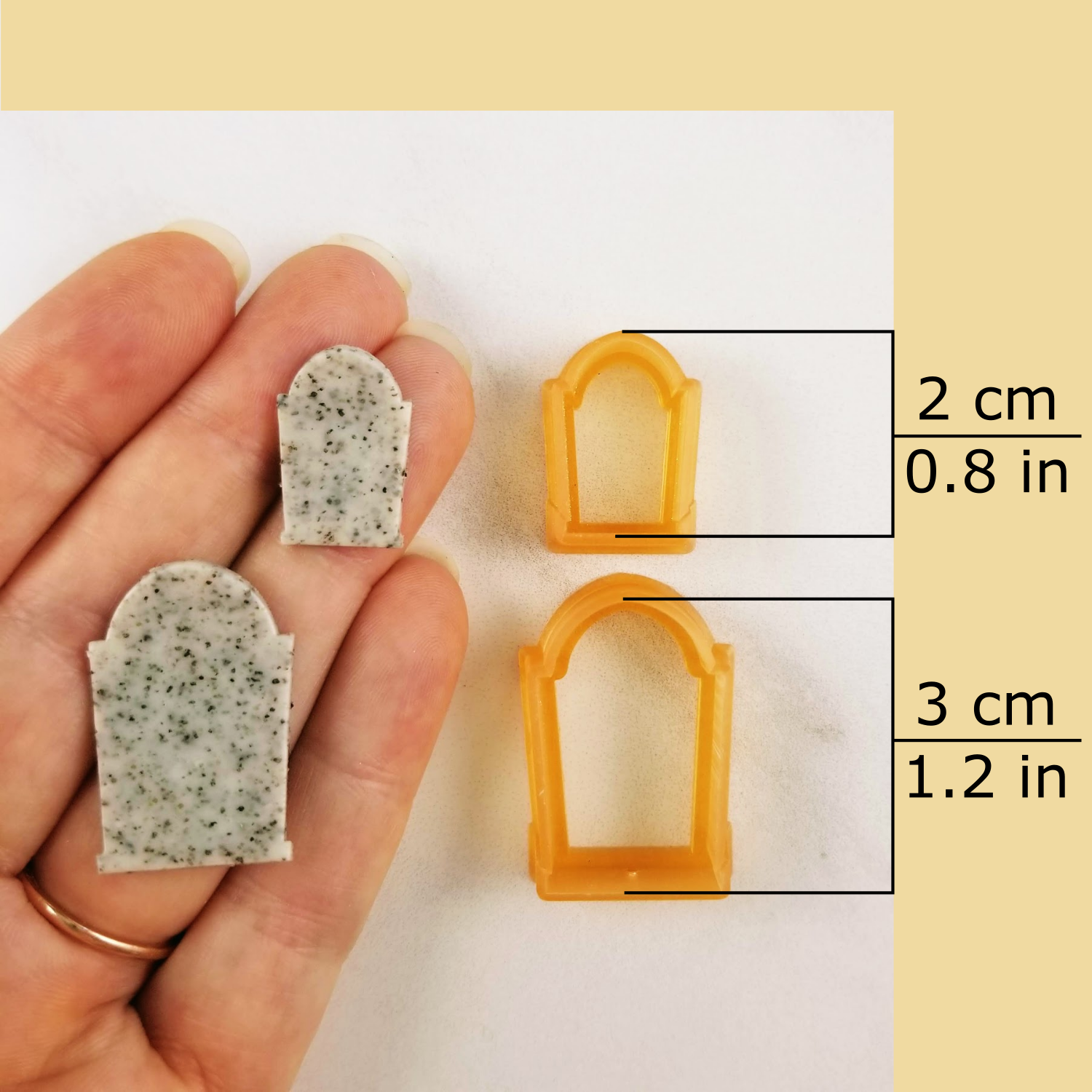 Gravestone polymer clay cutters dimensions: small, medium, tiny, mini, stud size 
