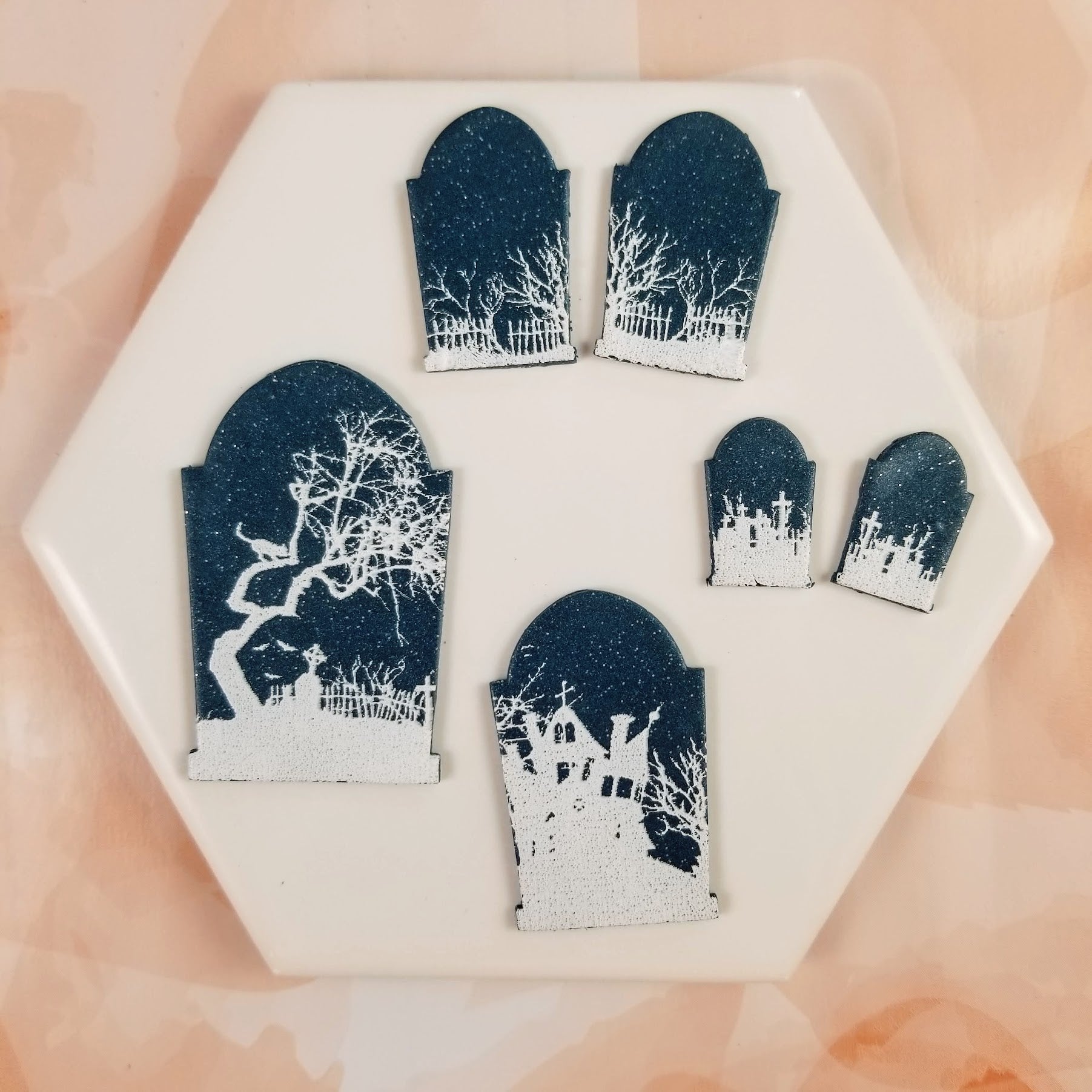 Tombstone polymer clay cutters used with the Spooky Silhouette silk screen.